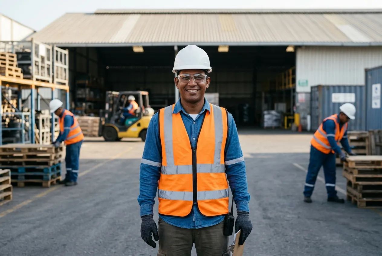 Trabajador con casco y chaleco reflectivo en una obra