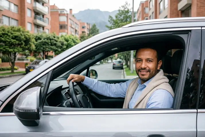 Hombre sonriendo con el pulgar arriba al volante de su carro