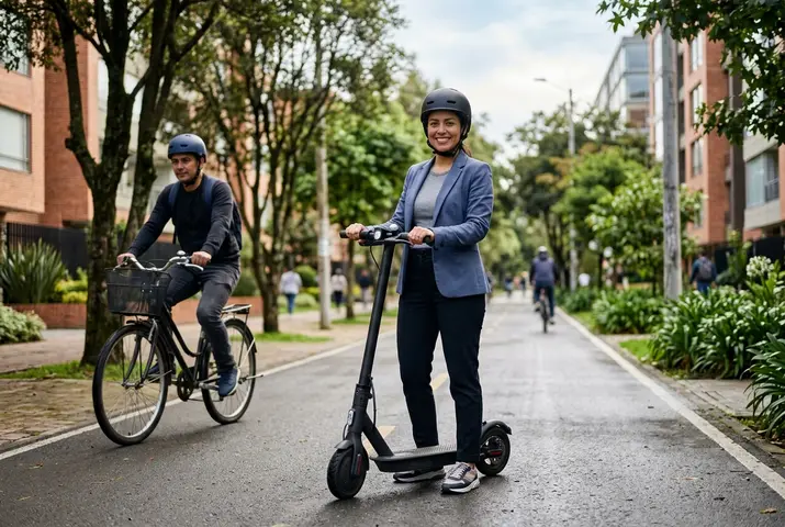 Mujer con casco junto a su patineta eléctrica en una ciclovía