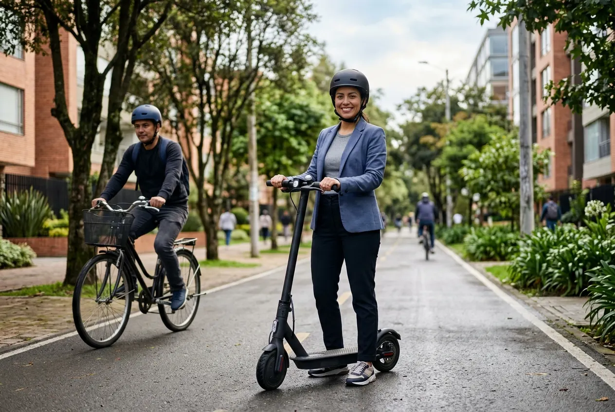 Mujer con casco junto a su patineta eléctrica en una ciclovía