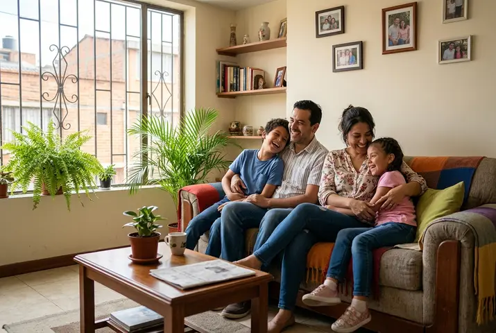 Familia sonriendo en el sofá de su casa