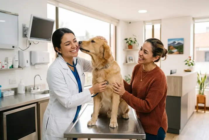 Veterinaria revisando a un perro golden junto a su dueña