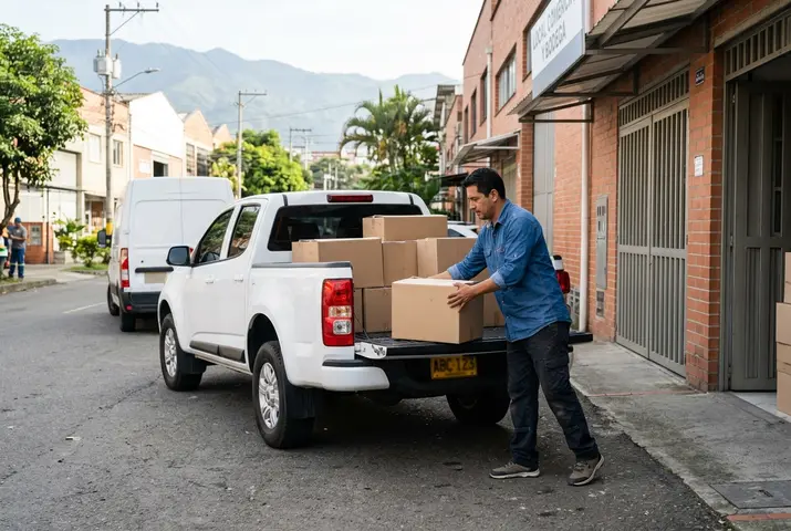Hombre descargando cajas de una camioneta de platón frente a una bodega