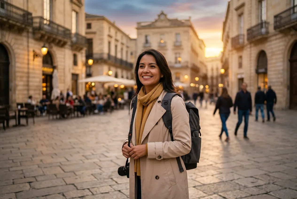 Viajera sonriendo en una plaza de una ciudad europea al atardecer