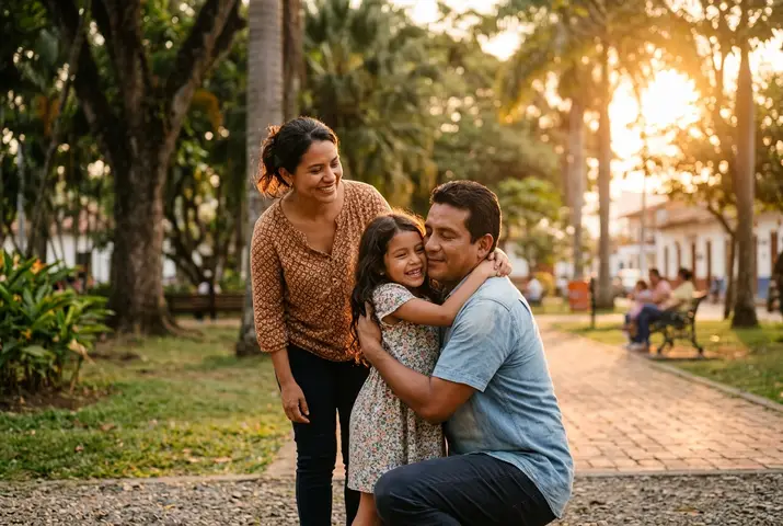 Padres abrazando y besando a su hija pequeña