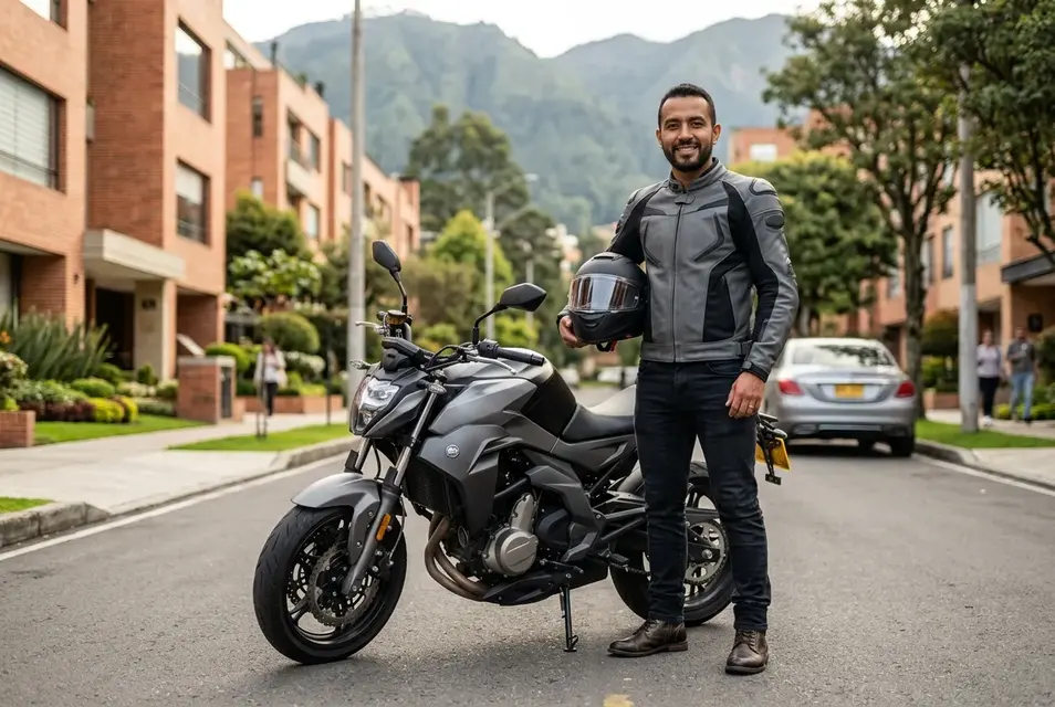 Joven sentado en su moto con el casco en la mano